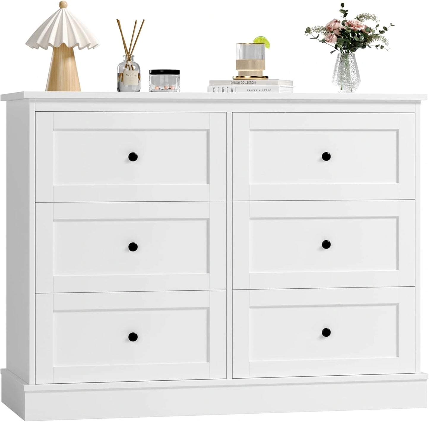 Commode Blanche à 6 Tiroirs pour Chambre Adulte, Meuble de Rangement Moderne en Bois 108x40x87 cm