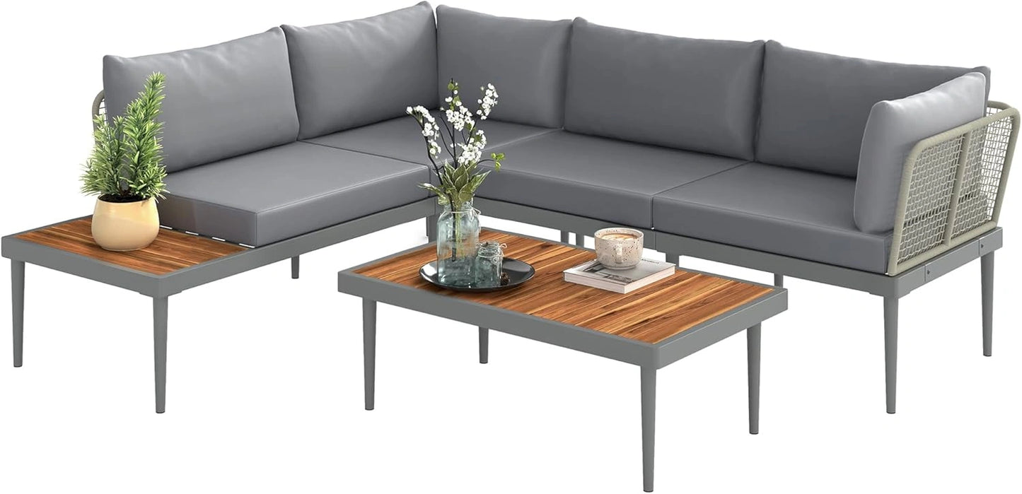 Ensemble Modulable de Jardin 4 Places en Bois d'Acacia et Acier avec Canapés et Table, Gris