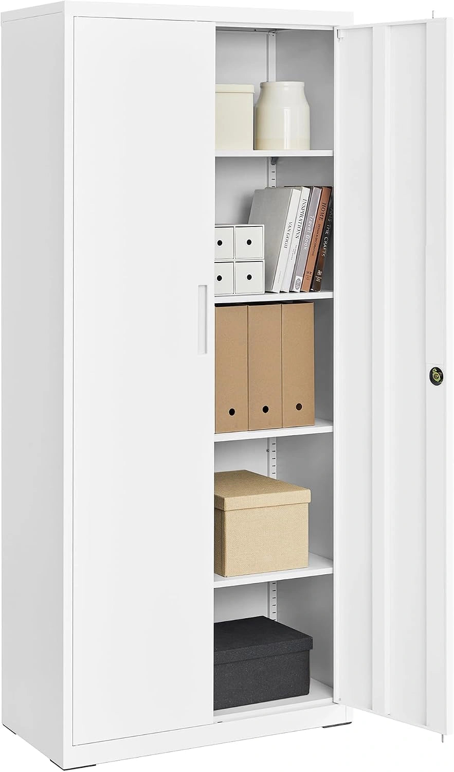 Armoire de Bureau en Acier avec Portes Verrouillables, 5 Étagères Réglables, Blanc Mat