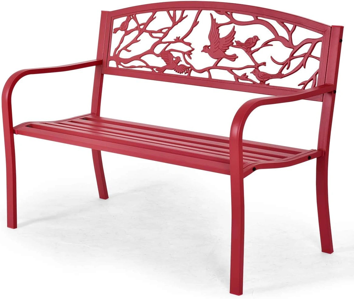 Banc de Jardin en Métal 2 Places avec Dossier Inclinable et Accoudoirs, 123x60x88 cm, Rouge pour Terrasse et Balcon