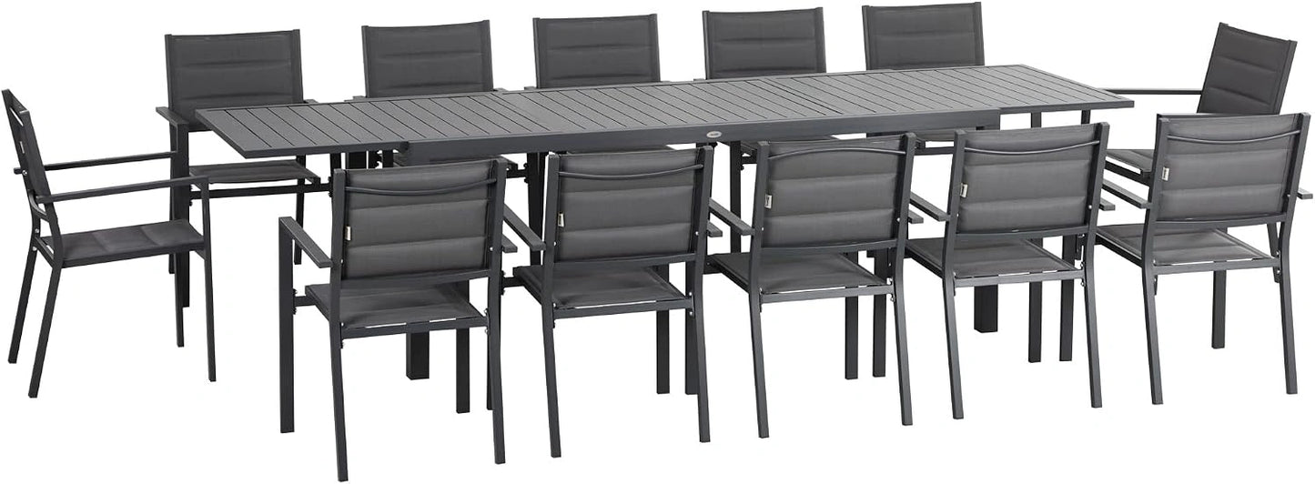 Ensemble de Jardin Outsunny en Aluminium avec Table Extensible pour 12 Personnes - 12 Chaises Empilables - Gris