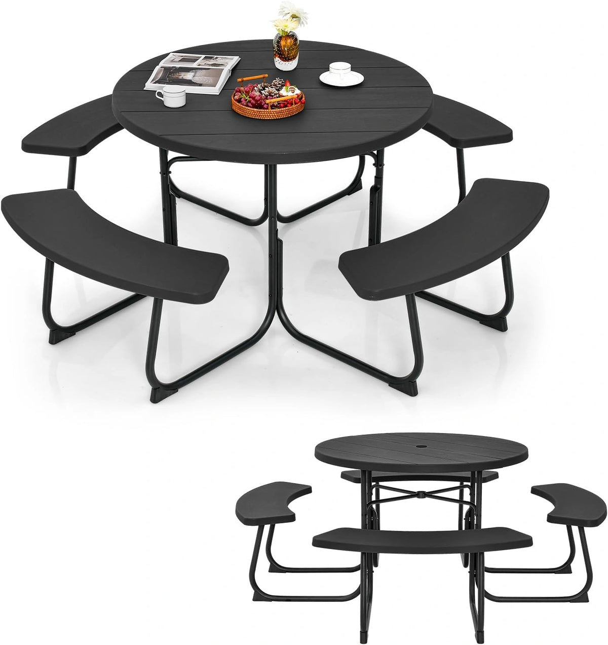 Ensemble de Pique-Nique Rond pour 8 Personnes avec Trou de Parasol, Meuble de Jardin en HDPE et Métal, 4 Bancs - Noir