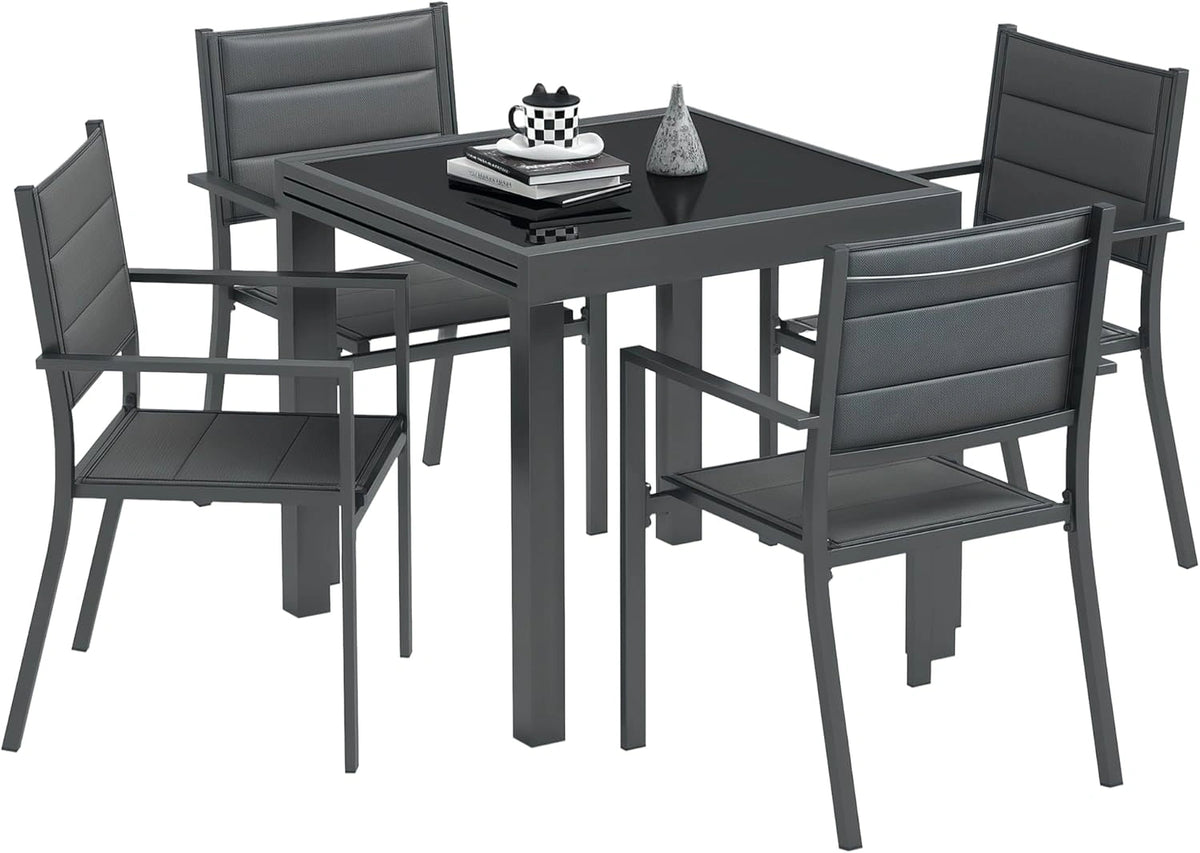 Ensemble de Salle à Manger d'Extérieur en Aluminium Gris avec Table Extensible et 4 Chaises Empilables