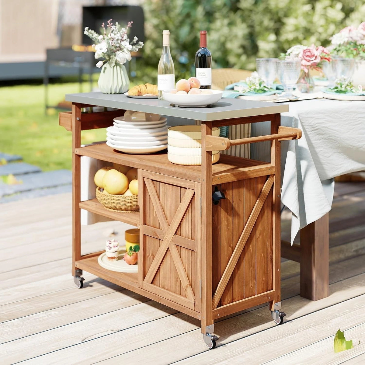 Chariot de Service Extérieur en Bois avec Plateau Acier Inox, 3 Étagères et Armoire, Roulettes Incluses, 118x47x92 cm, Capacité 50kg