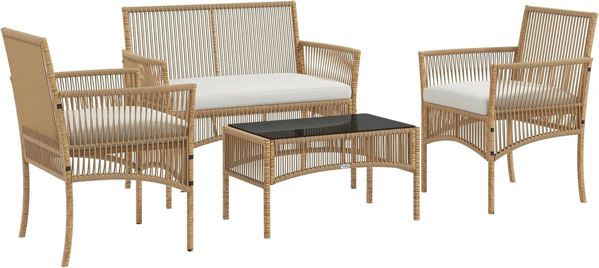 Ensemble de Jardin Extérieur 4 Pièces: Canapé, Fauteuils et Table Basse en Métal et Résine - Noir et Beige