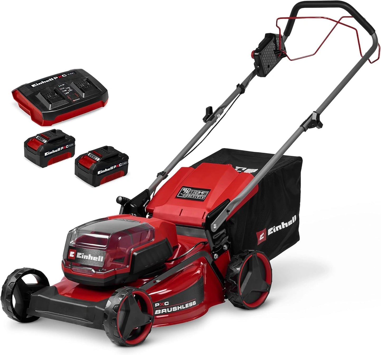 Tondeuse à Gazon sans Fil 36V Einhell 46 cm, 500 m², Moteur Brushless, 50L, 2 Batteries 4,0 Ah, Chargeur