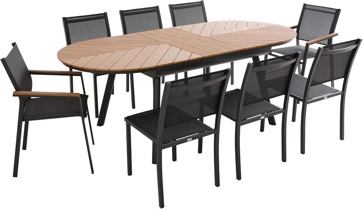 Set de table extensible 180/220 cm avec 8 chaises de jardin aspect bois