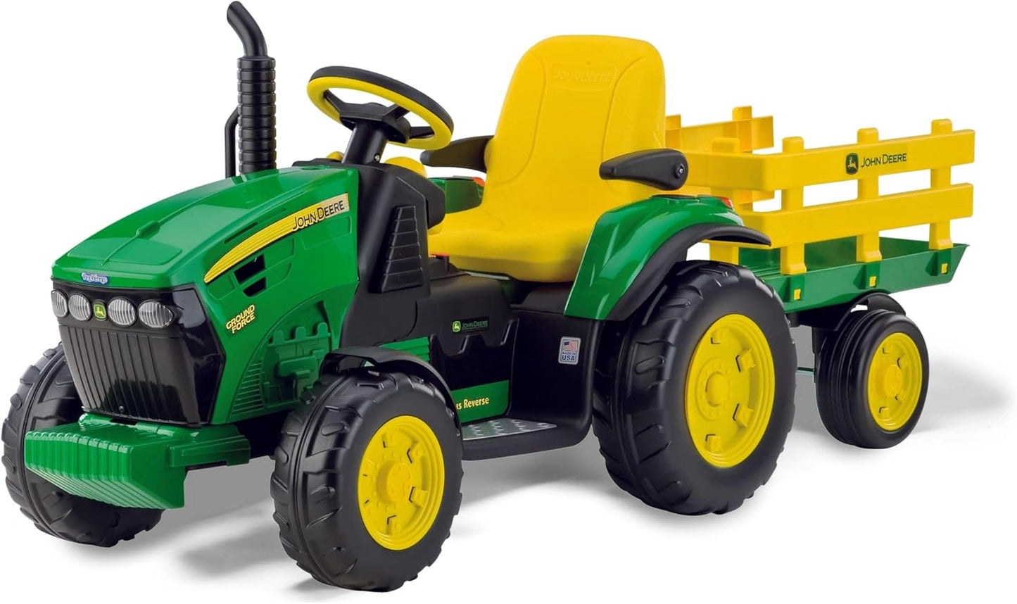 Tracteur Électrique John Deere 12V pour Enfants 3+, Remorque et Radio FM Incluses