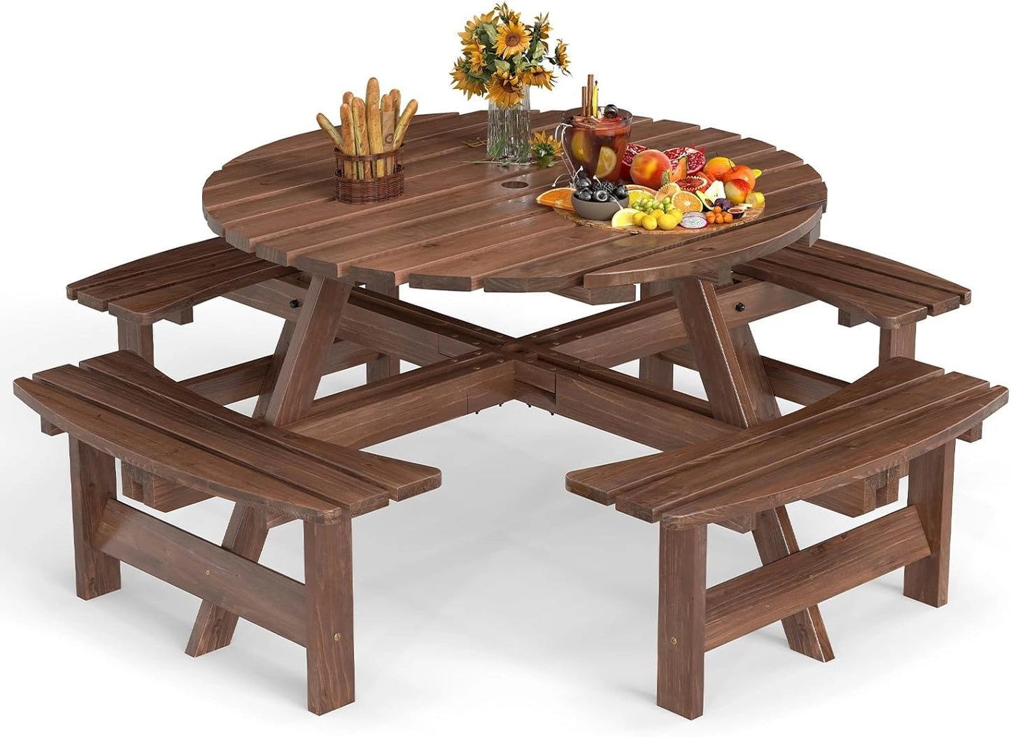 Ensemble de Jardin en Bois pour 8 Personnes avec Table et Chaises, Trou de Parasol Intégré, Idéal pour Réunions et Fêtes en Plein Air