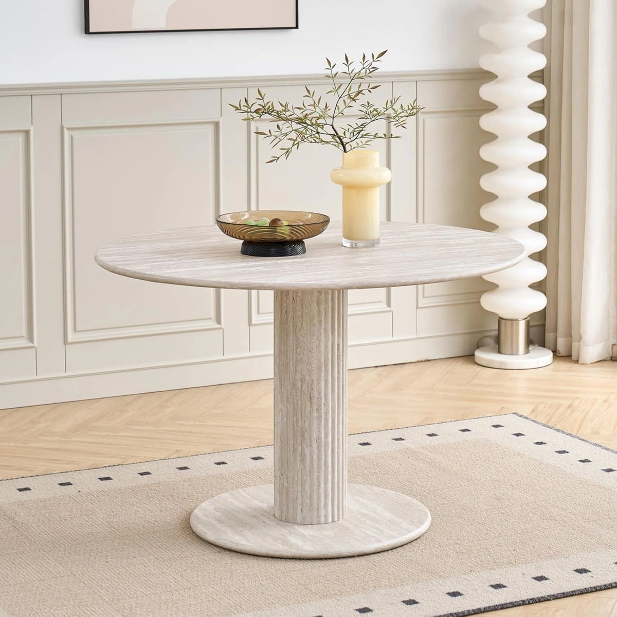 Table à Manger Ronde Moderne en Travertin Gris, 115 cm, 4-6 Personnes