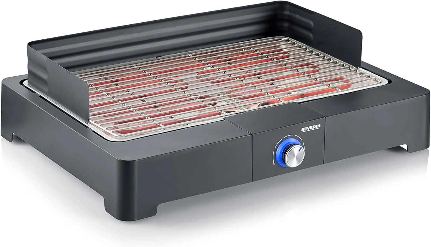 Gril électrique SEVERIN 2200W avec grille inox et pare-vent, Convient pour intérieur et extérieur, Noir, Modèle PG 8565