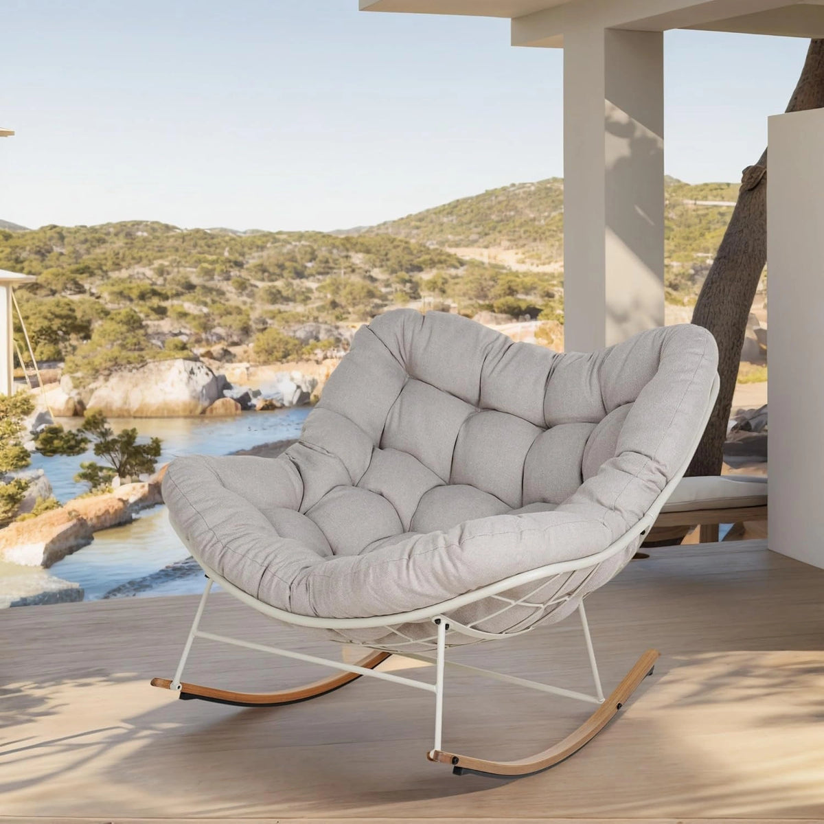 Fauteuil à Bascule de Jardin Relaxant, Rembourrage Confortable, 150 kg, Gris Clair