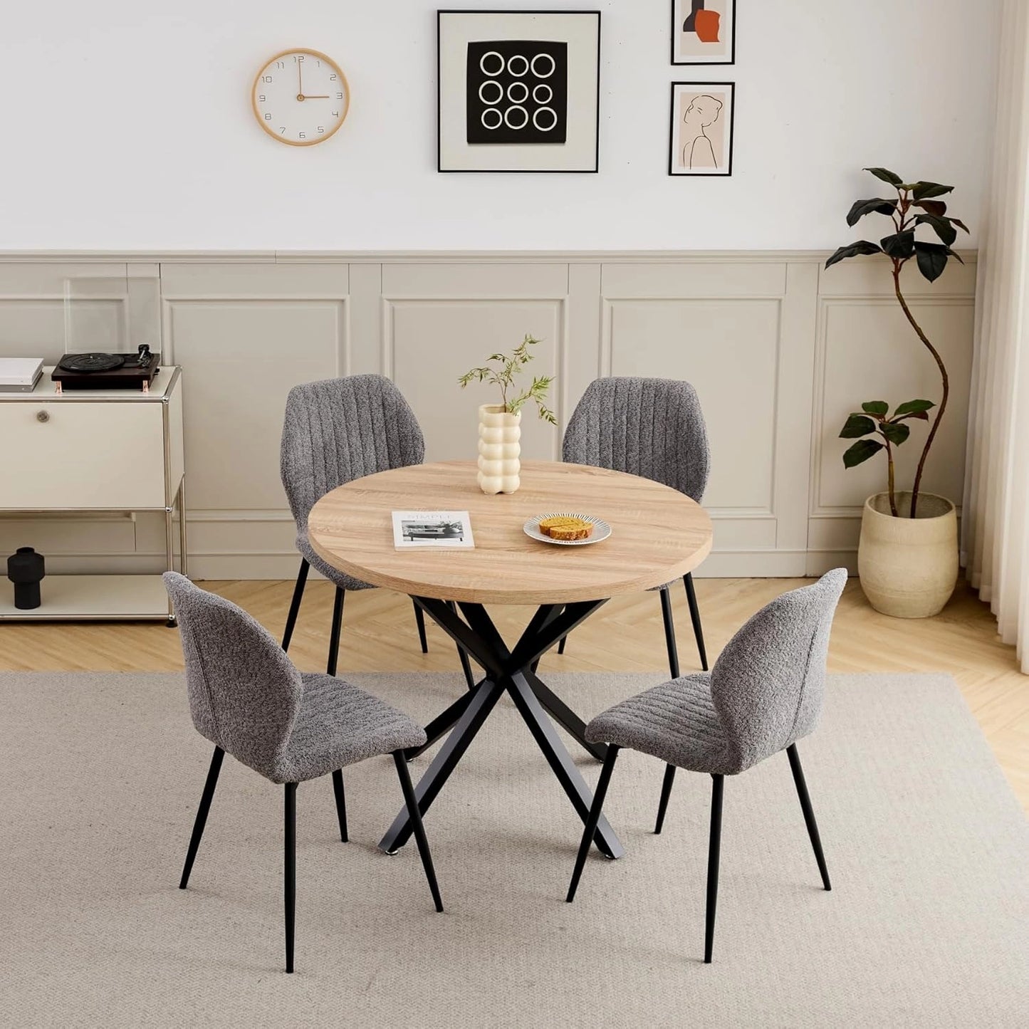 Ensemble Salle à Manger: Table Ronde 100 cm et 4 Chaises en Lin Moderne