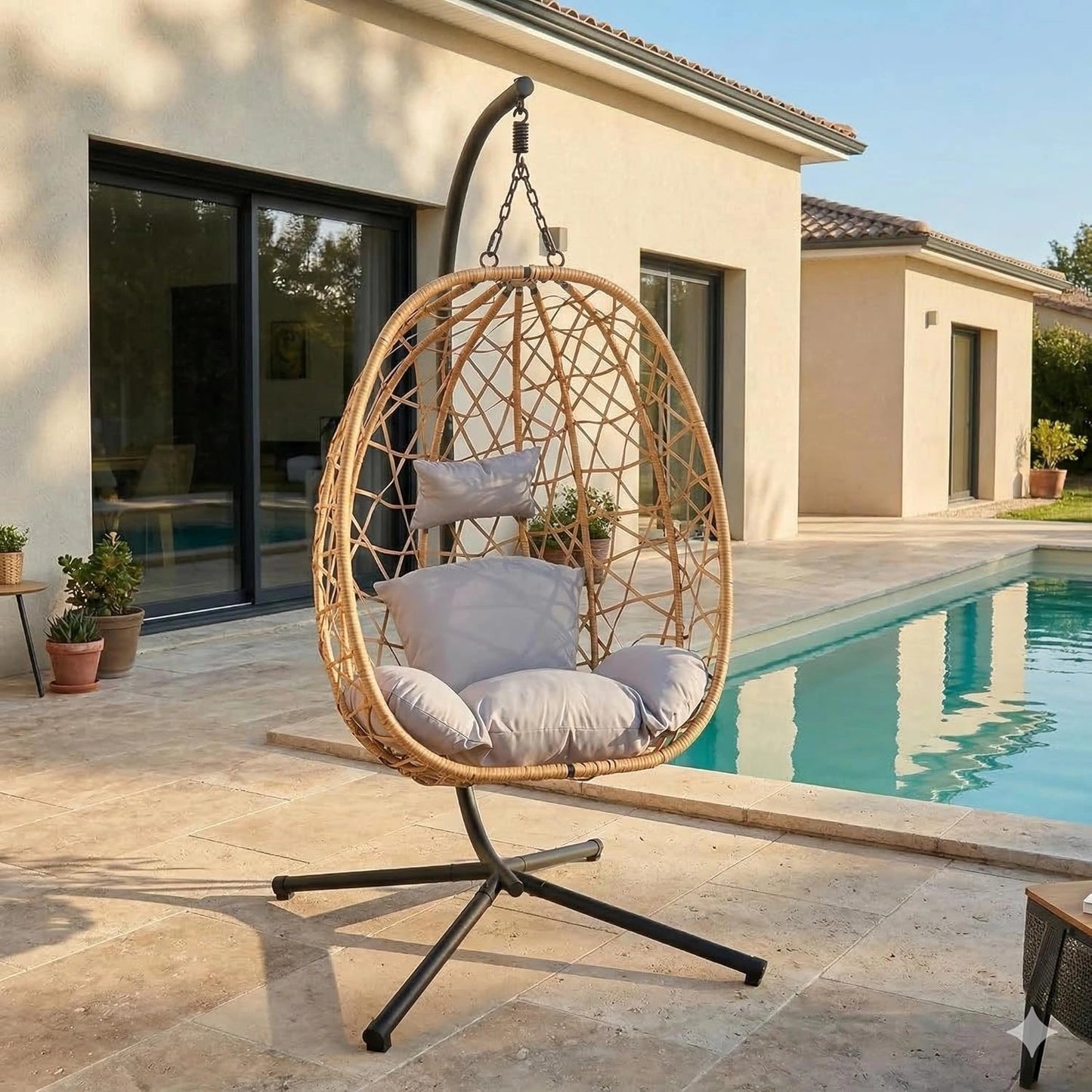 Chaise Suspendue en Rotin avec Support en Acier - Coussins Amovibles pour Intérieur et Extérieur