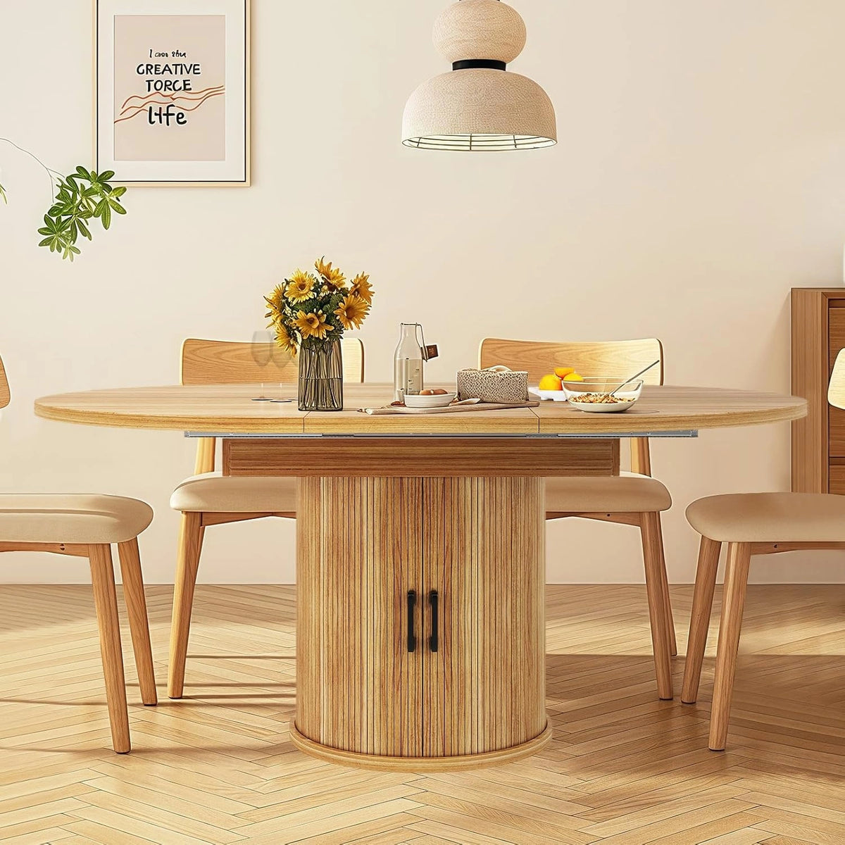 Table à Manger Extensible Moderne Ronde à Ovale avec Rangement, 118-158 cm, Noyer