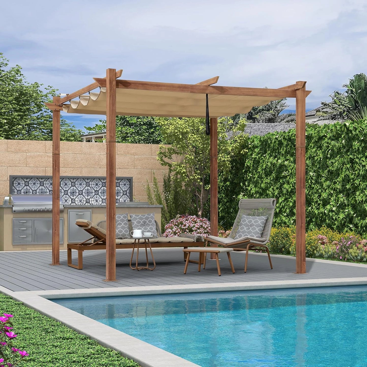 PURPLE LEAF Pergola Aluminium 3 x 3 m avec Toile Rétractable, Structure en Teck, Imperméable, Idéal pour Jardin et Barbecue