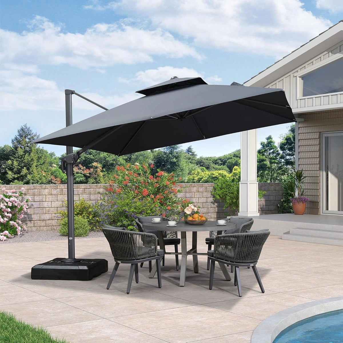 Parasol Déporté 3x3m UPF 50+ avec Inclinable à 6 Niveaux et Rotation 360°, Gris