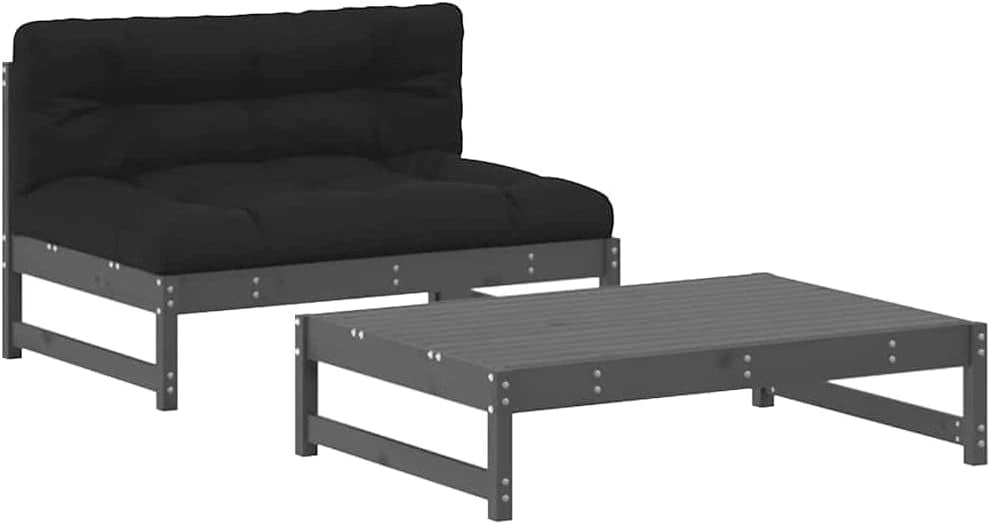 Ensemble de Jardin 2 Pièces en Bois de Pin avec Coussins Noirs, Design Modulaire, 120x84x70 cm