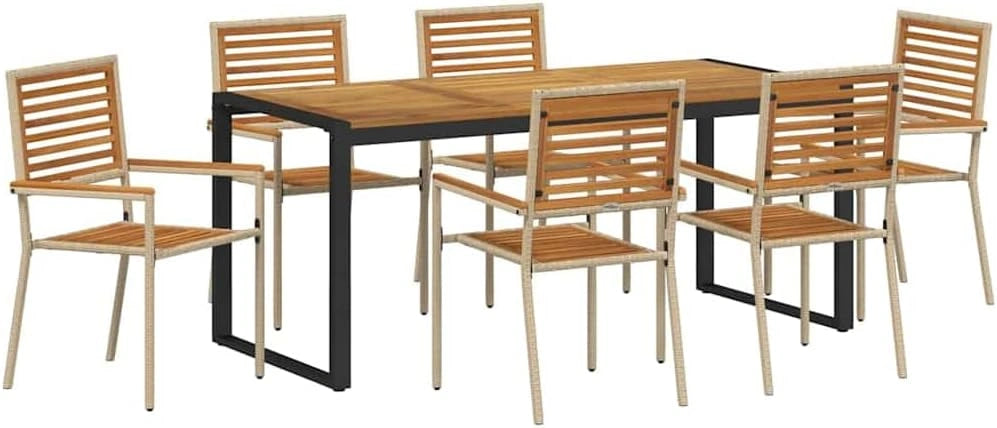 Ensemble repas de jardin 5 pièces en rotin synthétique avec table rectangulaire 140x80 cm et chaises, design terrasse extérieur, accents en bois d'acacia, beige et marron