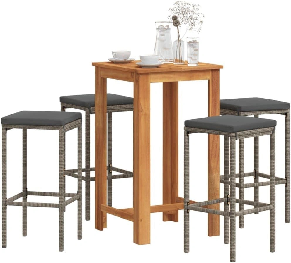 Set de Bar Extérieur 5 Pièces en Acacia et Résine avec Coussins Amovibles