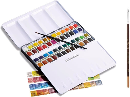 Palette Aquarelle Extra-Fine Sennelier, 48 Demi-Godets avec Pinceaux et Accessoires