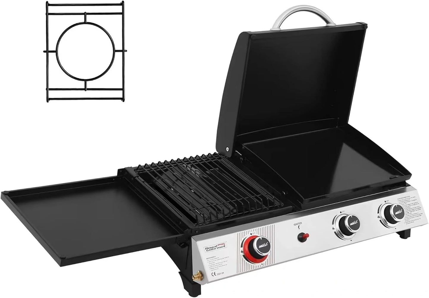 Barbecue à Gaz Portable 3 Brûleurs Royal Gourmet avec Plancha Émaillée, Couvercle Multifonction, 8,5kW pour Camping Extérieur