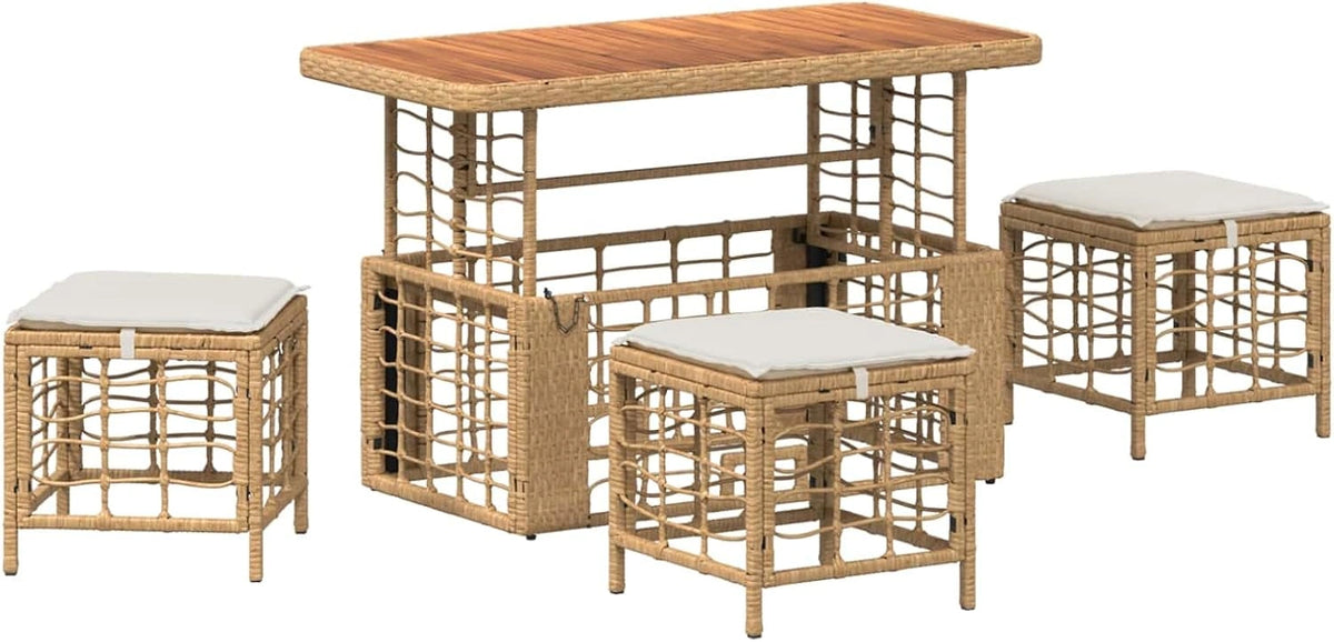 Ensemble de jardin en rotin et bois, 4 pièces avec table ajustable et coussins, idéal pour terrasse et balcon