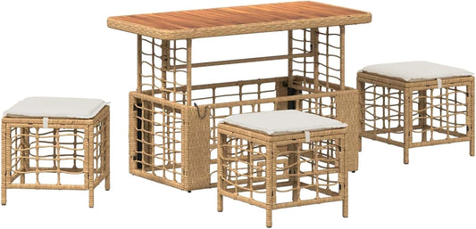 Ensemble de jardin en rotin et bois, 4 pièces avec table ajustable et coussins, idéal pour terrasse et balcon