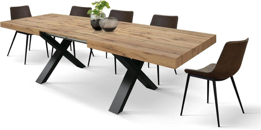 Table extensible en chêne rustique avec pieds croisés noirs, fabriquée en Italie, 180 x 90 x 76 cm