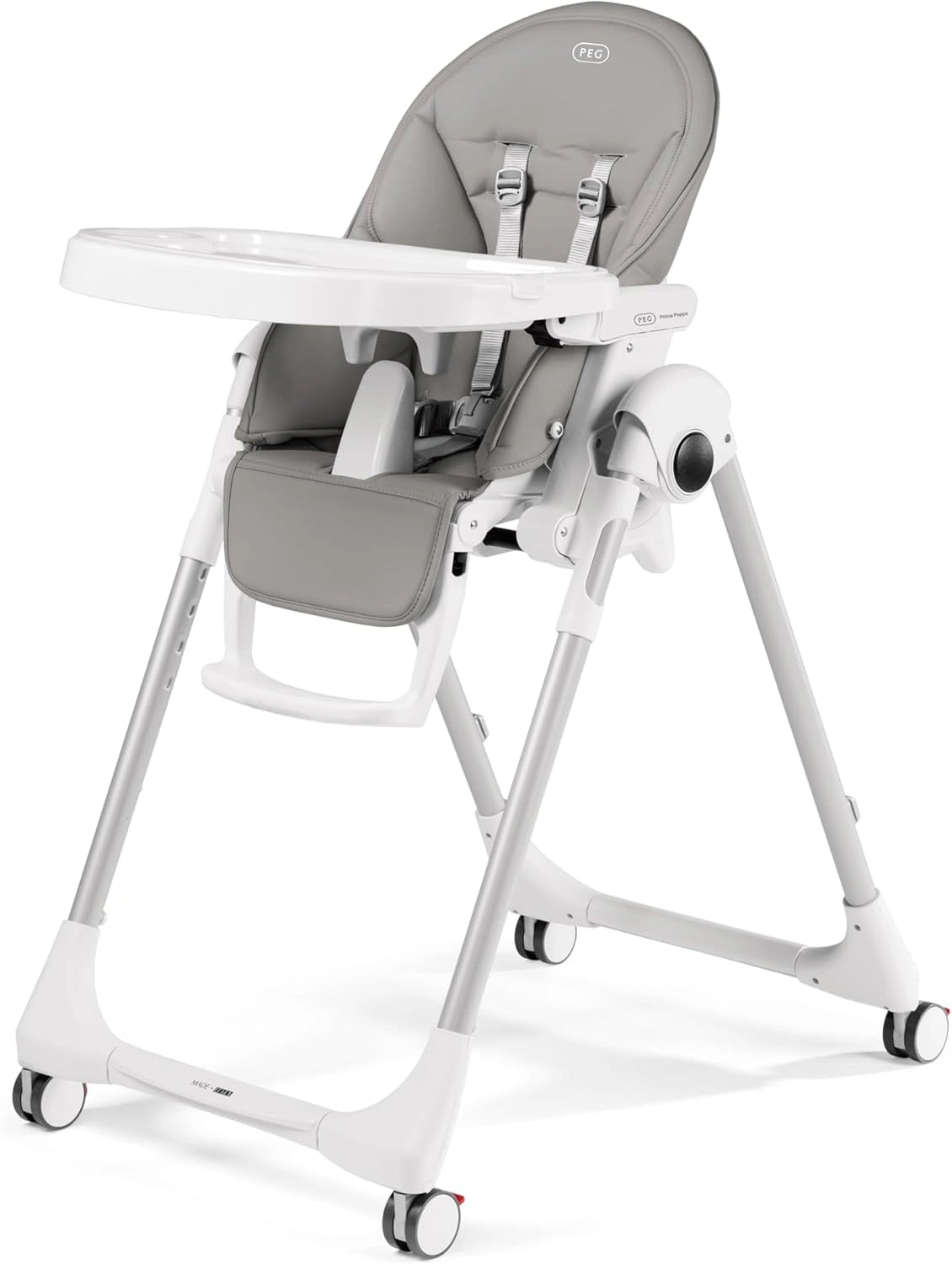 Chaise Haute Bébé PEG Prima Pappa Follow Me, Inclinable, 4 Roues, Pliable, Compacte, 0-3 Ans, Gris