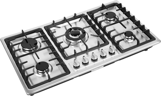 Table de cuisson à gaz encastrable 5 feux, 86x51 cm, inox, compatible gaz naturel