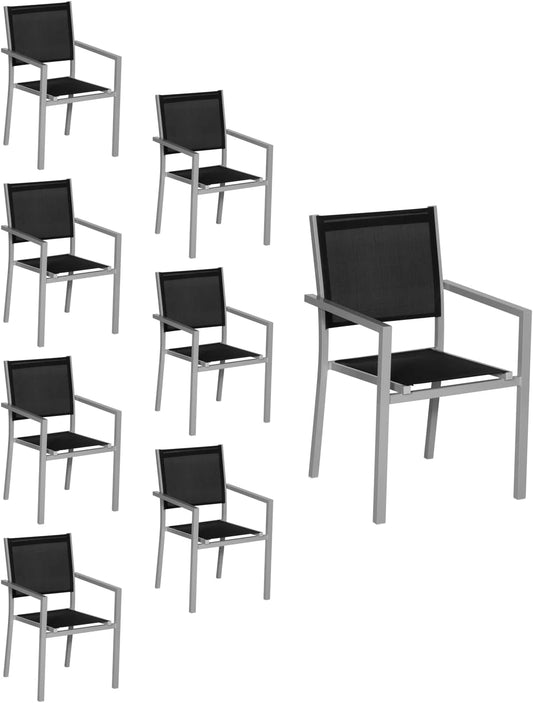 Ensemble de 6 Chaises Empilables en Aluminium Gris et Textilène Noir pour Jardin - Happy Garden