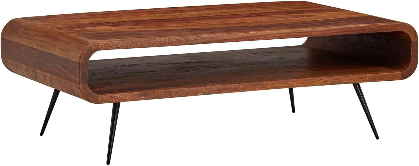Table Basse en Bois de Sheesham et Métal avec Rangement Moderne 90x55x30 cm