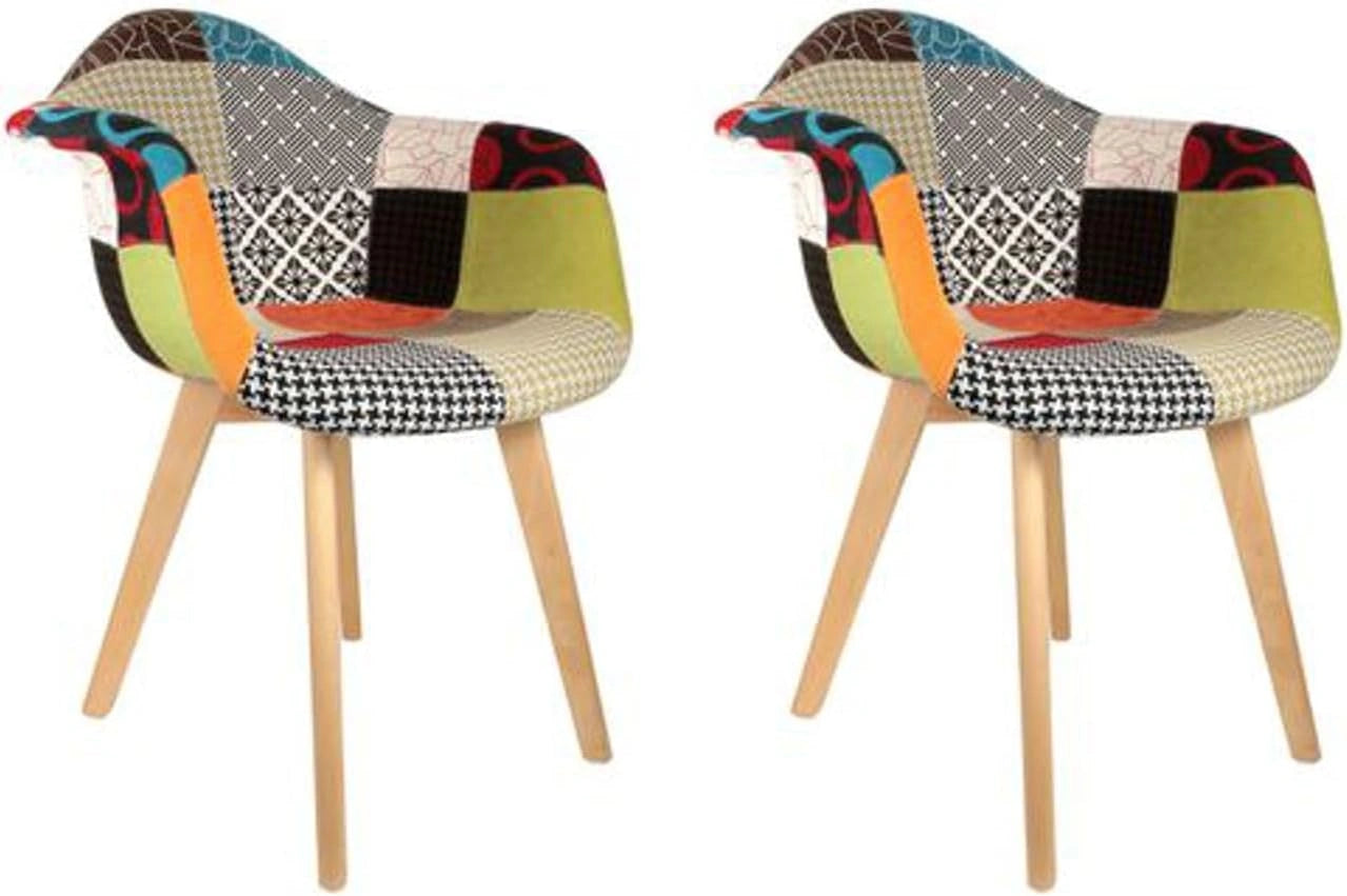 Ensemble de 2 fauteuils scandinaves en bois et polyester patchwork - Idéal pour le salon ou la chambre - 62 x 60,5 x 86 cm - Multicolore