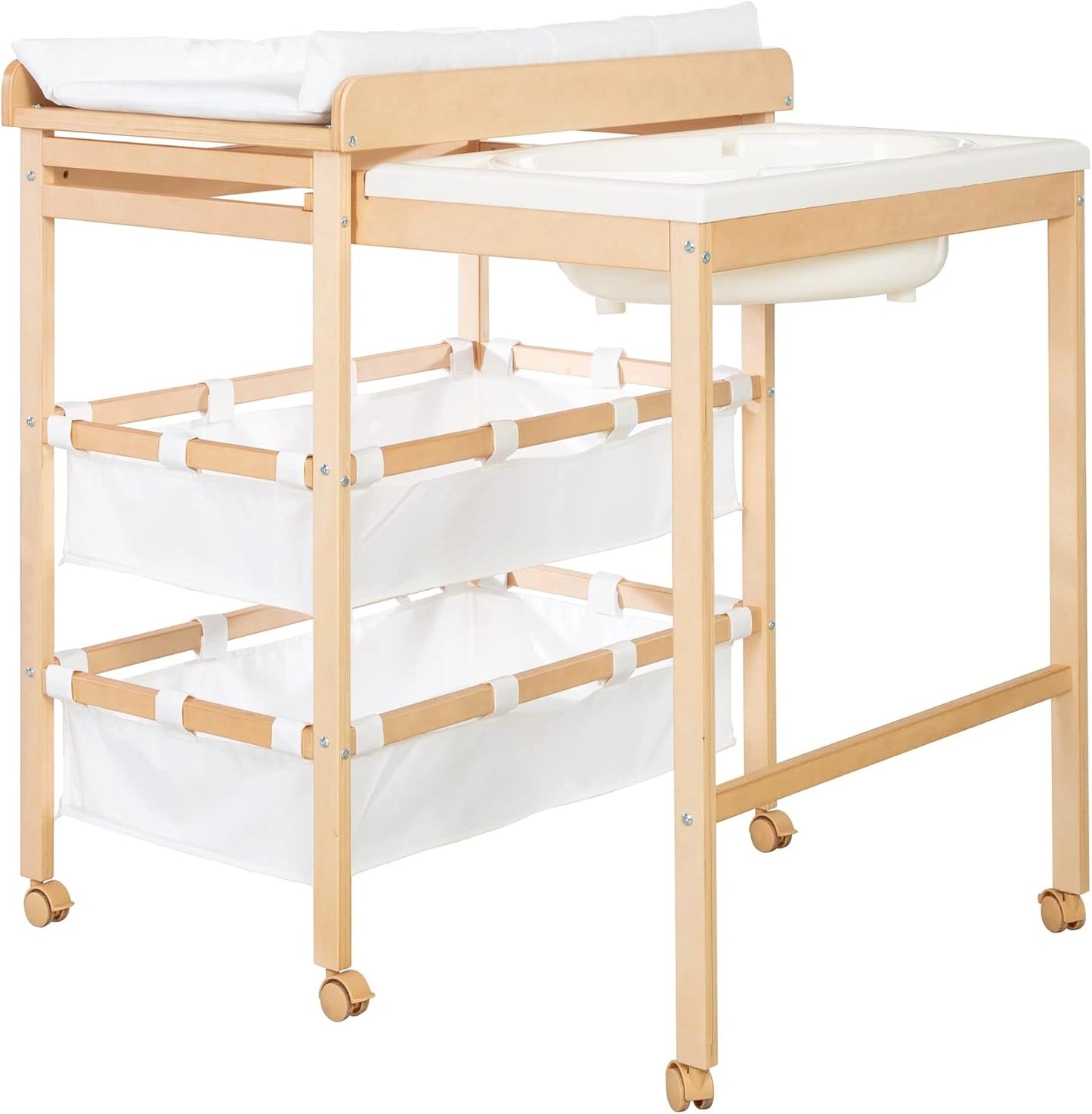 Table à langer avec baignoire intégrée 2 en 1, matelas imperméable blanc, rangement pratique