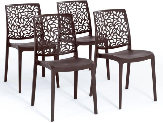 Chaises empilables en résine et fibre de verre pour intérieur et extérieur - Lot de 4, Marron