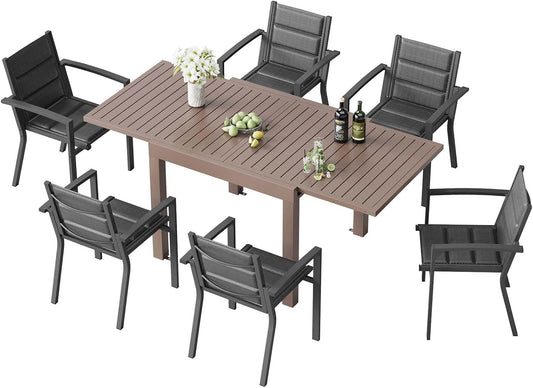 Ensemble de Jardin 6 Places en Aluminium avec Table Extensible et Chaises Empilables - Marron