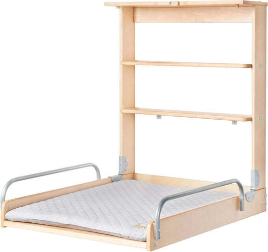 Table à langer murale pliante en bois avec matelas imperméable, étagères intégrées, jusqu'à 15 kg