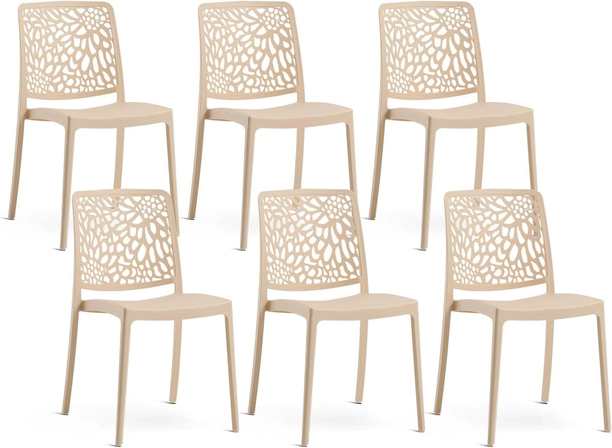Chaises Empilables en Polypropylène et Fibre de Verre pour Intérieur/Extérieur, Design Moderne - Lot de 6, Crème