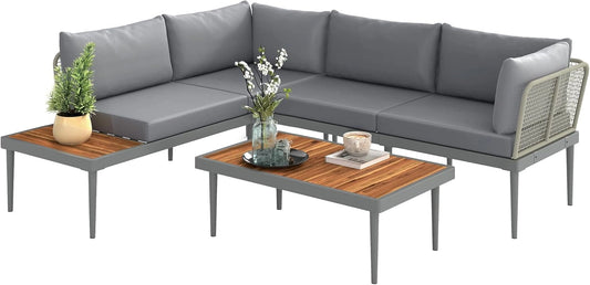 Ensemble Modulable de Jardin 4 Places en Bois d'Acacia et Acier avec Canapés et Table, Gris
