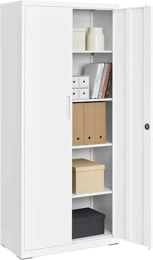 Armoire de Bureau en Acier avec Portes Verrouillables, 5 Étagères Réglables, Blanc Mat