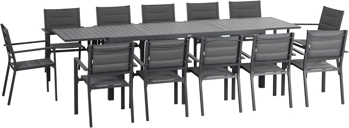 Ensemble de Jardin Outsunny en Aluminium avec Table Extensible pour 12 Personnes - 12 Chaises Empilables - Gris
