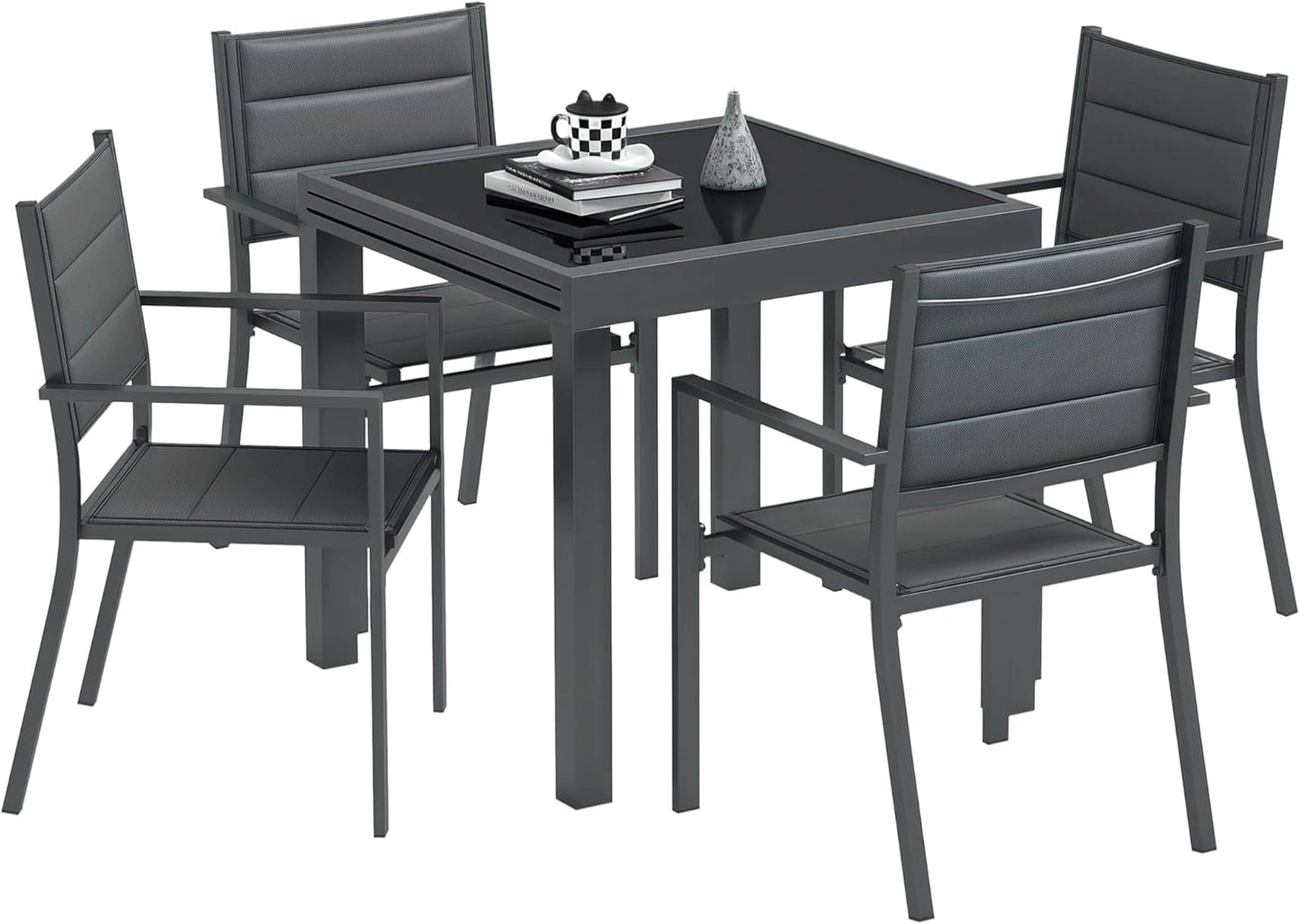 Ensemble de Salle à Manger d'Extérieur en Aluminium Gris avec Table Extensible et 4 Chaises Empilables