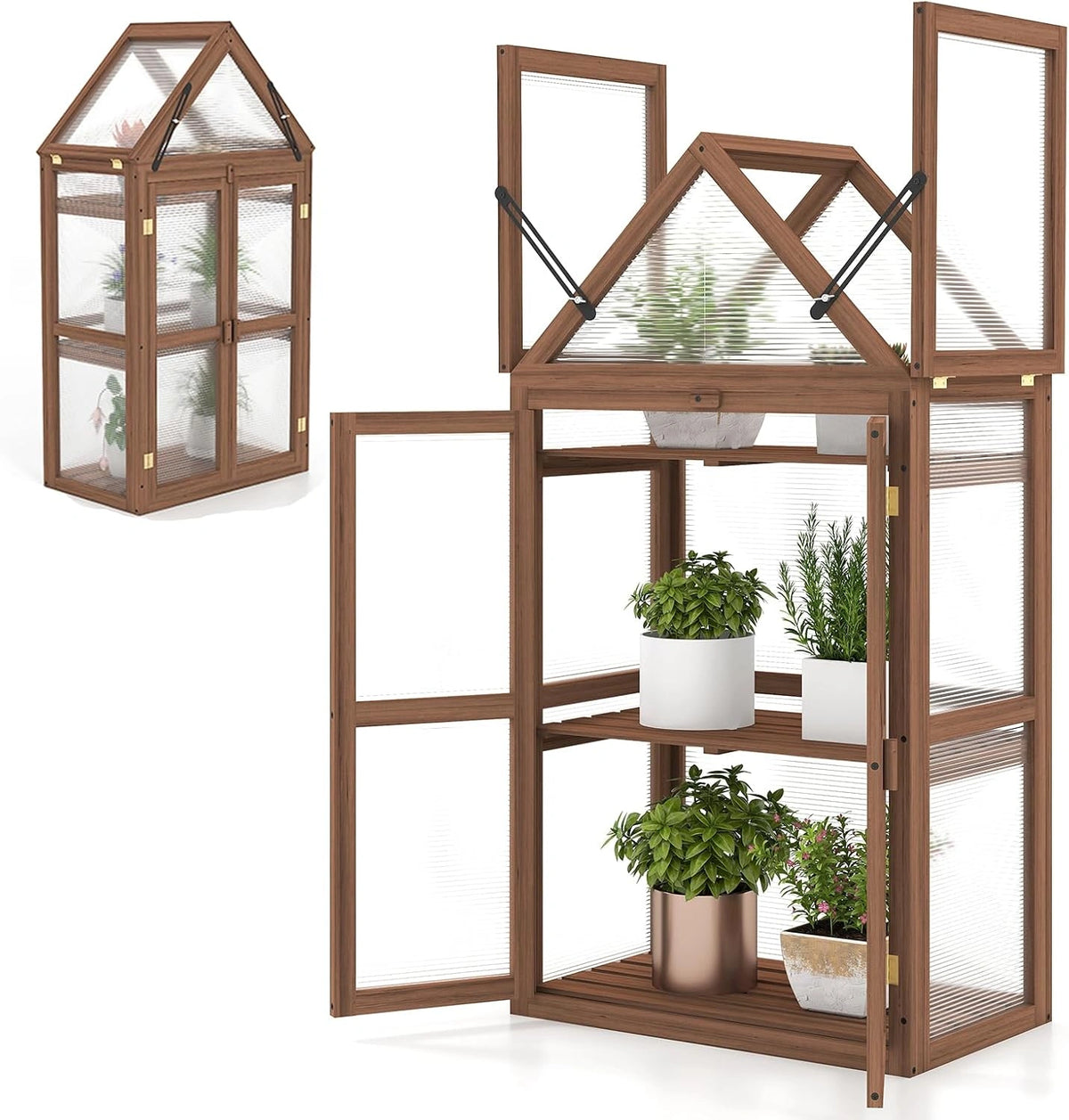 Serre de Jardin Miniature 3 Niveaux en Polycarbonate Transparent avec Cadre en Bois et Étagères Réglables