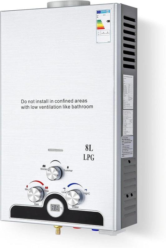 Chauffe-Eau Portable à Gaz 13,6kW, 8L/min, Utilisation Extérieure, Compatible Butane Propane