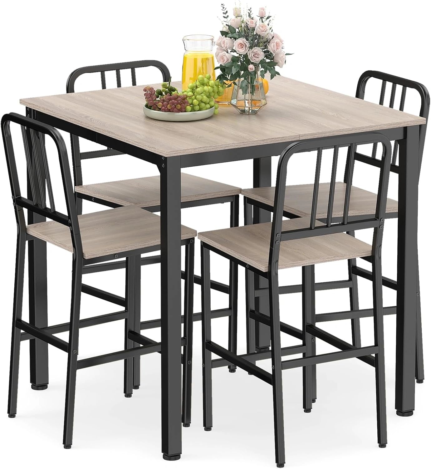 Ensemble de Salle à Manger Rustique pour 4 Personnes avec Chaises et Table Haute - Cadre Métal