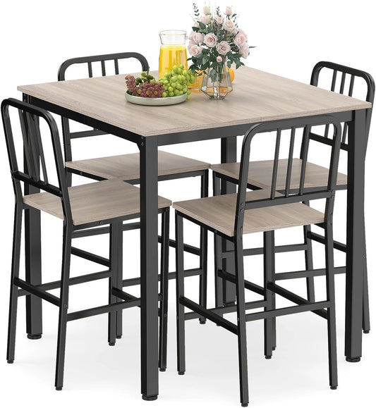Ensemble de Salle à Manger Rustique pour 4 Personnes avec Chaises et Table Haute - Cadre Métal