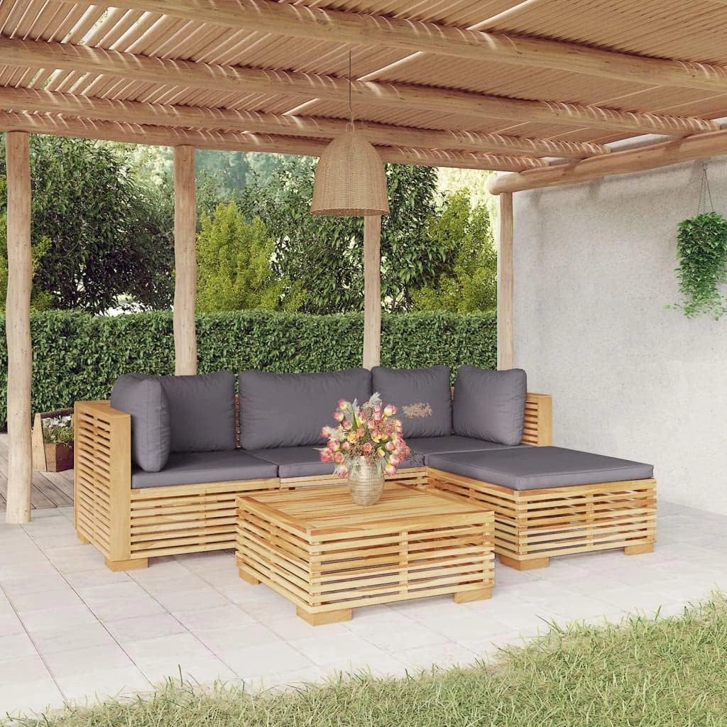 Ensemble de Salon de Jardin en Teck Massif 5 pièces avec Coussins Anthracite, Mobilier d'Extérieur Idéal pour Terrasse et Balcon, Confort et Durabilité