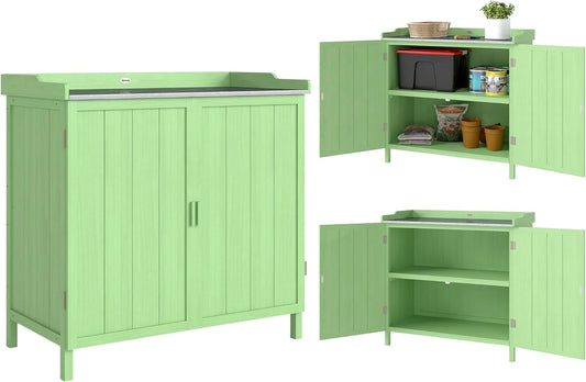 Cabane de Jardin en Bois Outsunny, Table de Rempotage avec Plateau Galvanisé et Étagères, Idéale pour Outils et Accessoires