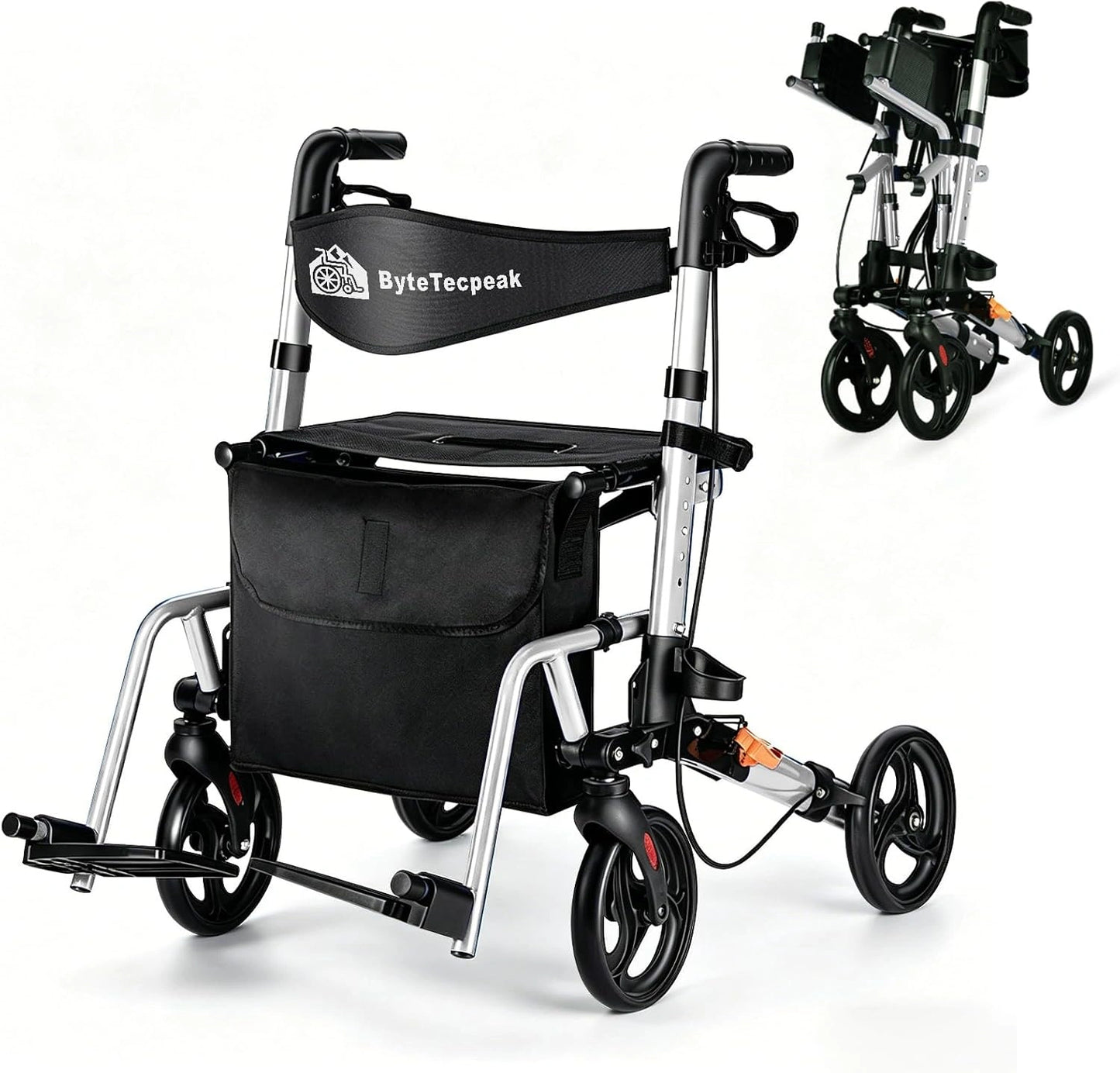 Déambulateur Léger 2 en 1 avec Fonction Fauteuil Roulant et Roues Tout Terrain, Capacité 150 kg, Argent